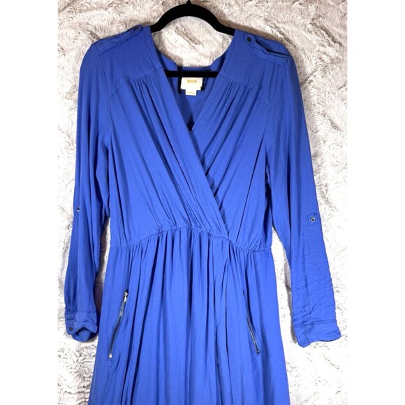 Anthropologie Maeve Dress L Lene Crepe Faux Wrap Pockets Blue Roll Tab Sleeve - Picture 5 of 15